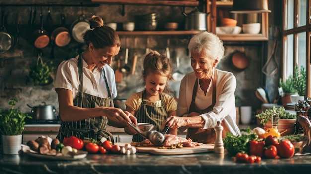 Photo a child and her mother cooking in a kitchen with their grandmother and grandmother