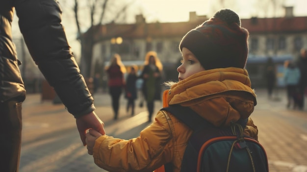 Child holding an adult39s hand while wearing a backpack and looking away