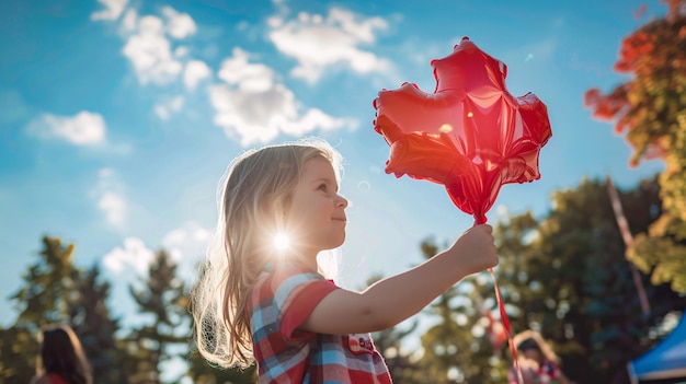 A child holding a balloon in the shape of a maple leaf