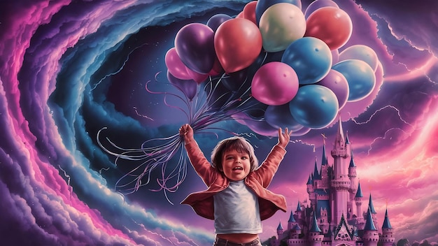 Child holding balloons standing in front of fantasy stormillustration painting