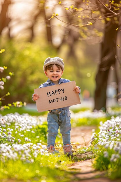 Photo an child holding banner event of mother day event in the park