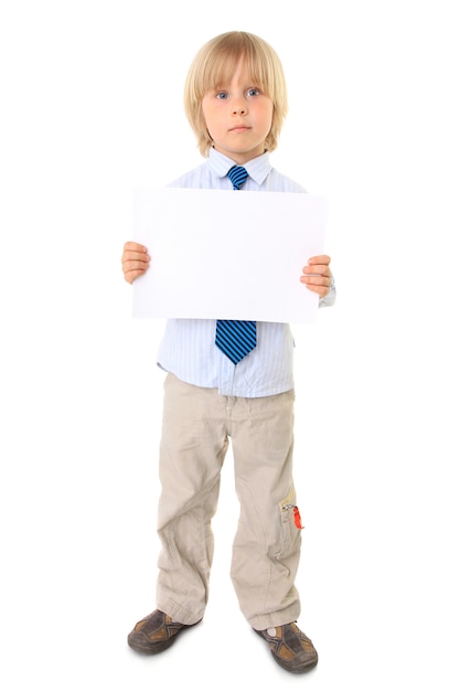 Child holding blank sign over white