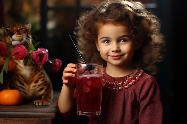 Child Holding a Glass of Pomegranate Juice with a Straw Pomegranate juice image photography