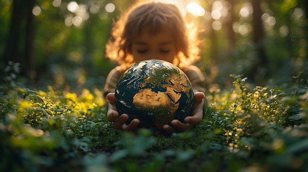 Child holding a globe in a forest surrounded by green foliage with a bright sun flare behind