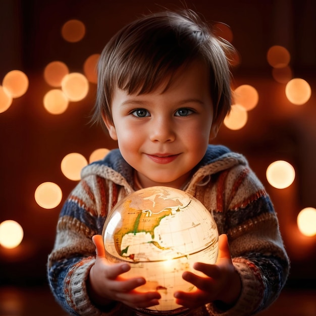 Child holding a globe of the world in hands future is with the children