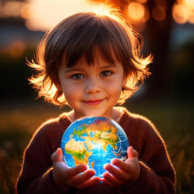 Child holding a globe of the world in hands future is with the children