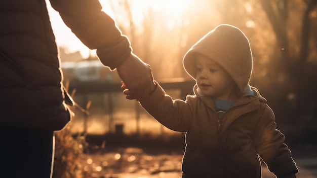 A child holding a parent's hand and the word love on it