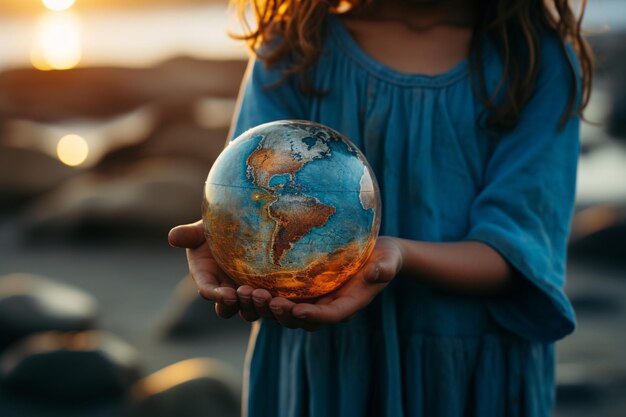 Child holding planet resembling object