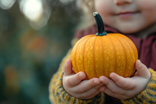 Photo a child holding a pumpkin that has a face that says  happy halloween  on it