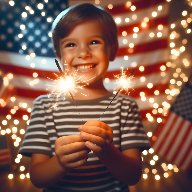 A child holding a sparkler in each hand with a big smile and a background of twinkling lights