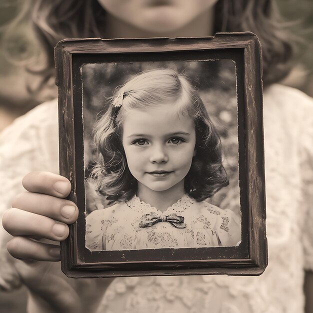 Photo a child holding a vintage photograph of their younger self