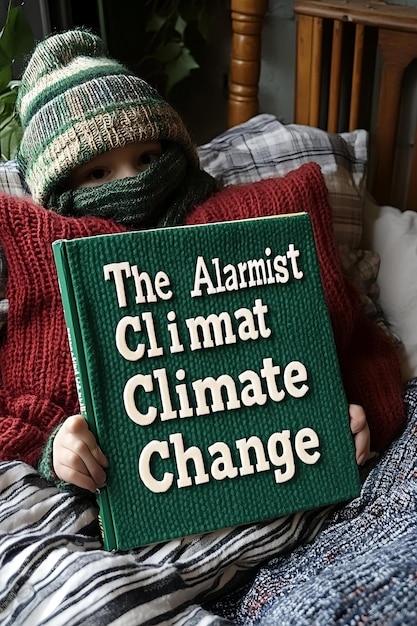 Photo a child holds a book titled the alarming climate change