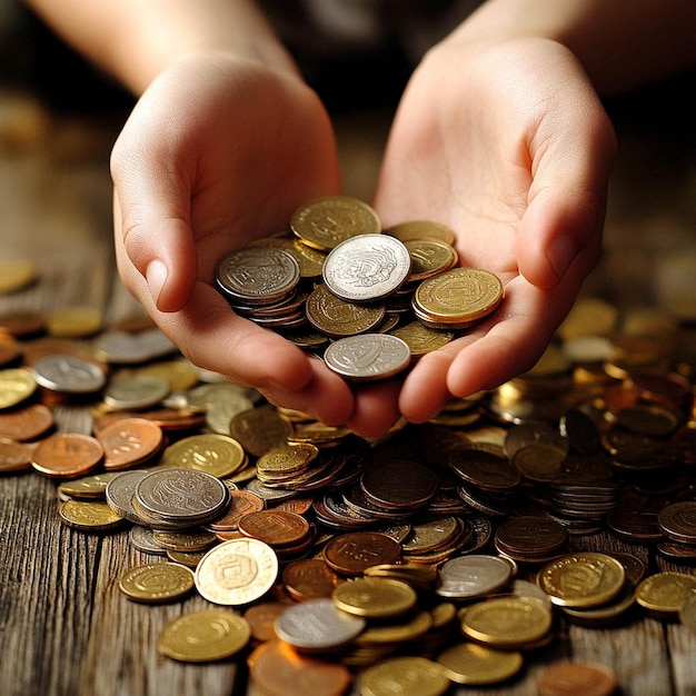 Photo a child holds a coin that says quot euro quot on it