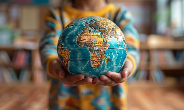 Photo a child holds a globe in his hands