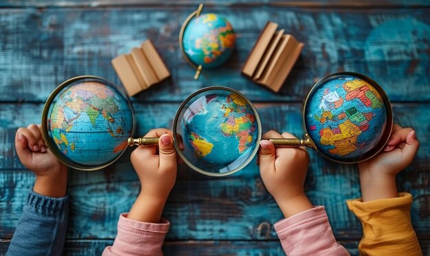 a child holds a globe with a wooden frame that says world in the middle