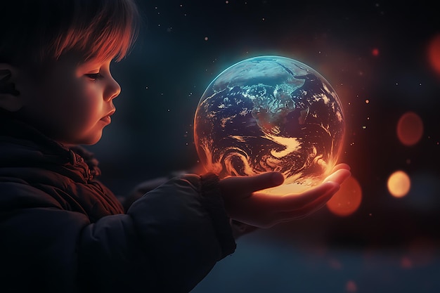 Photo a child holds a glowing planet symbolizing hope care and the future of earth entrusted to