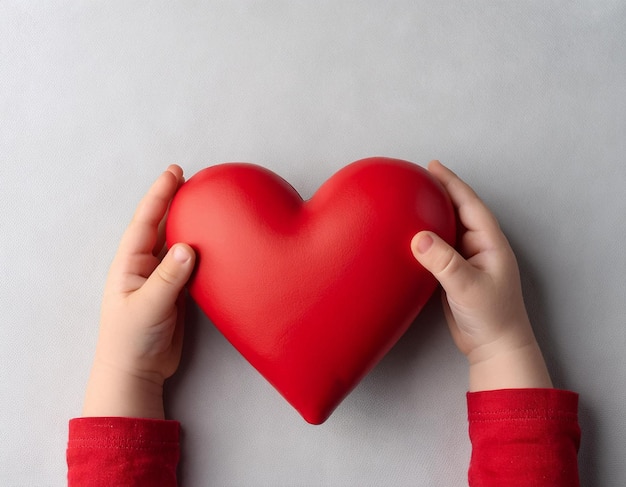 Photo a child holds a heart shaped object over a gray background