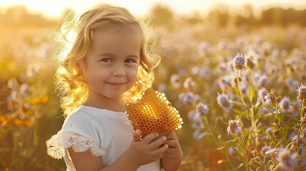 the child holds a honeycomb with honey on the background of the field Selective focus