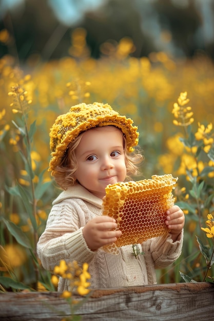 the child holds a honeycomb with honey on the background of the field Selective focus