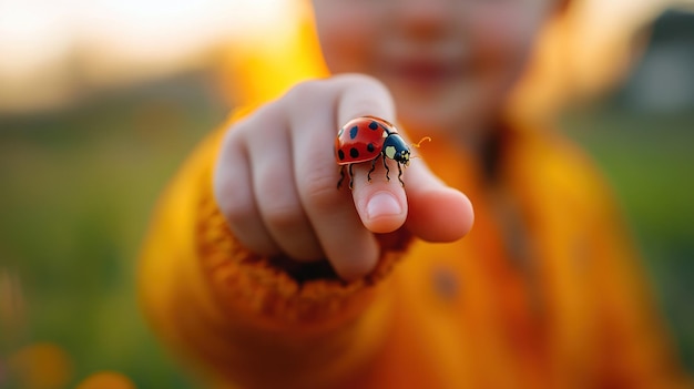 Photo a child holds a ladybug on their finger smiling in a sunlit outdoor setting