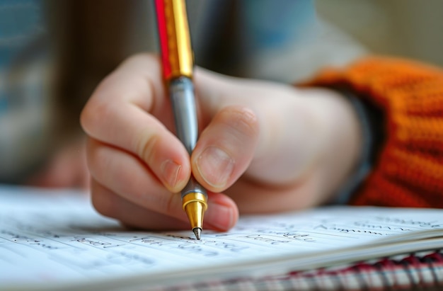 A child holds a pen in his hands and writes in a notebook closeup