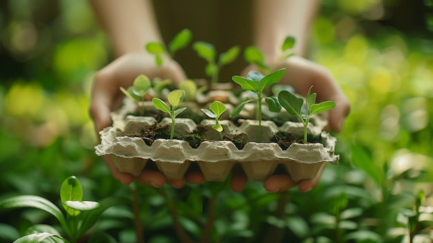 Photo a child holds a plant in her hands