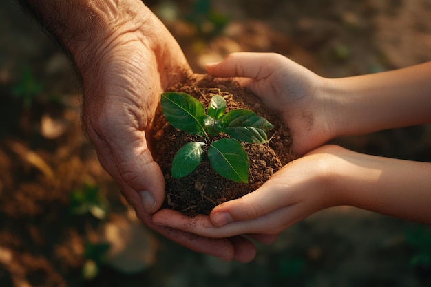 Photo a child holds a plant in their hands