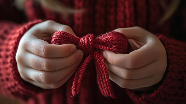 Photo a child holds a red bow symbolizing giftgiving and celebration