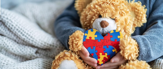 Photo a child holds a stuffed animal with a puzzle piece heart