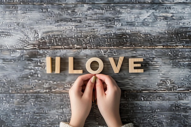 Photo a child holds a wooden letter i on a wood background