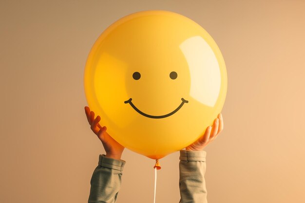 Photo a child holds a yellow balloon with a smiley face in his hand