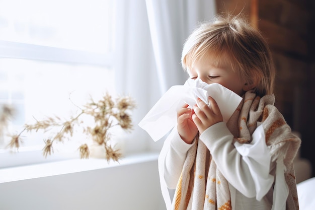 Child at home holding a handkerchief clears his nose Concept of seasonal colds in kids influenza