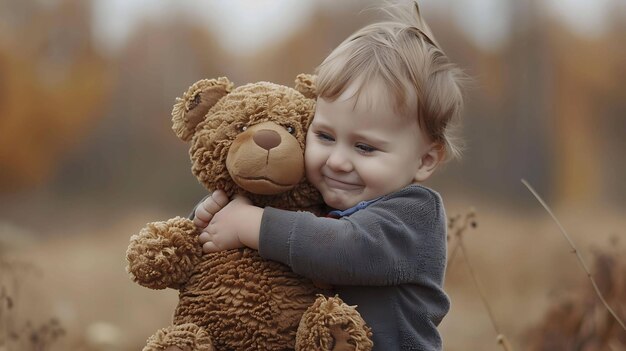 Photo a child hugging a teddy bear with a brown face and a brown background