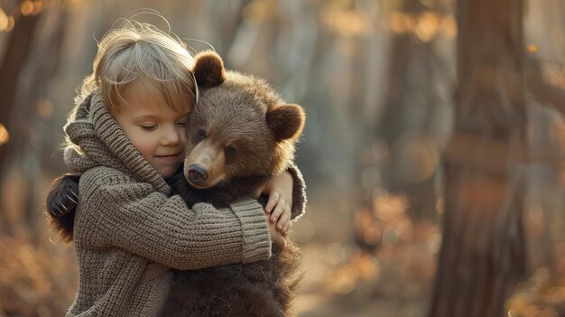 Photo a child hugs a bear in the forest selective focus