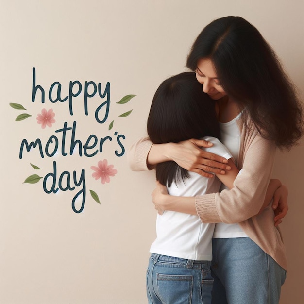 Child hugs her mother and wishes Happy Mothers Day