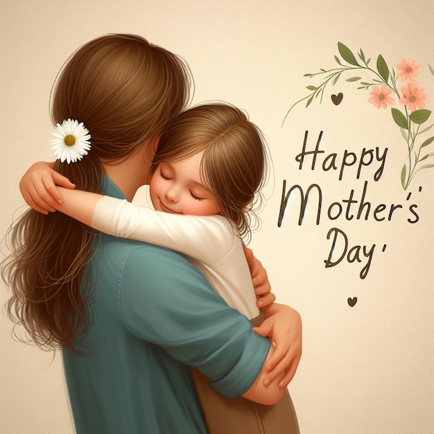 Child hugs her mother and wishes Happy Mothers Day