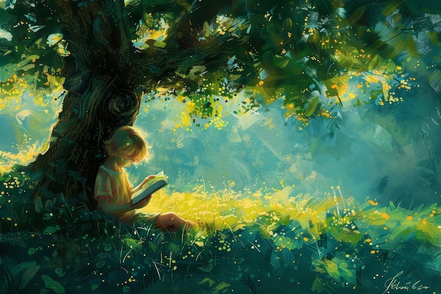 A child immersed in reading a book under a tree A child reading a book under a shady tree lost in a world of imagination