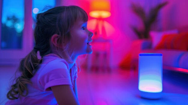 Child interacting with a smart home assistant to play music and control lights