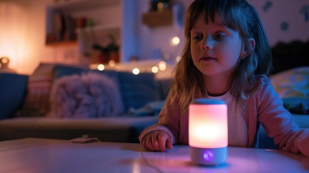 Child interacting with a smart home assistant to play music and control lights