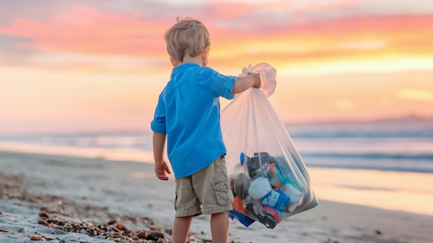 Photo a child is carrying a bag of beach towels on the beach