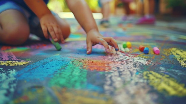 Photo a child is drawing with colored markers on a colorful surface