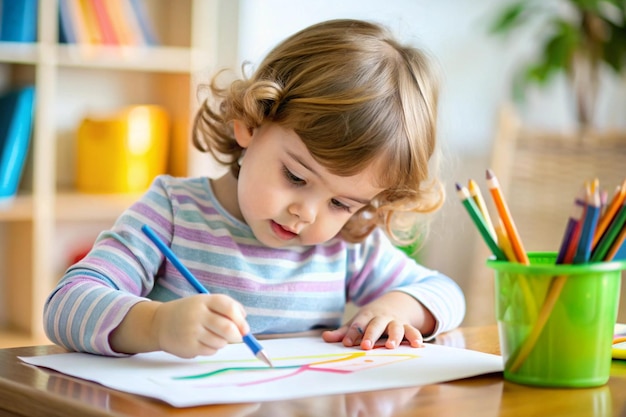 Photo a child is drawing with a pencil on a paper