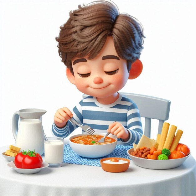 Photo a child is eating a bowl of food with a picture of a boy eating