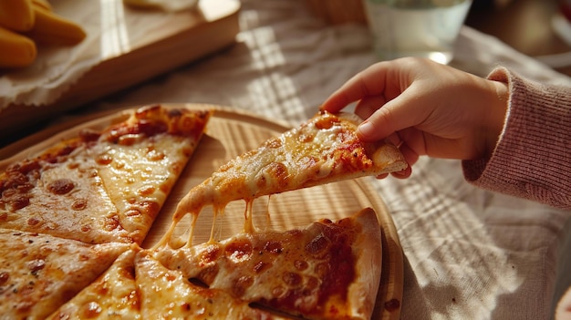 Photo a child is eating a slice of pizza from a tray