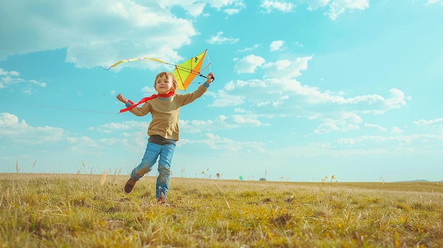 a child is flying a kite in a field with a sky background