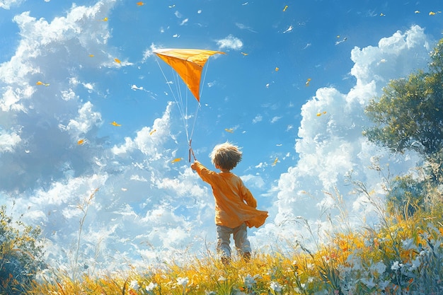 a child is flying a kite in the sky with the words  the  on it