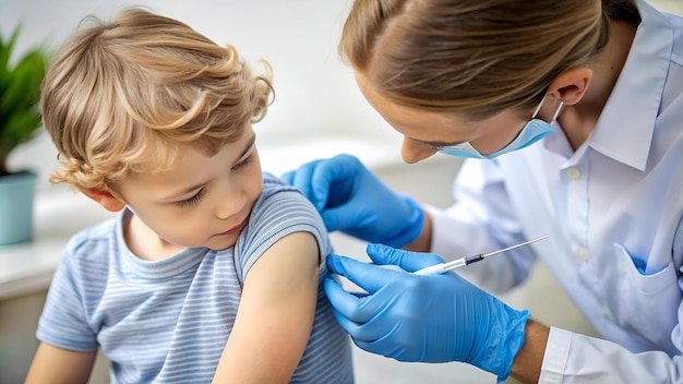 Photo the child is given an injection in the shoulder