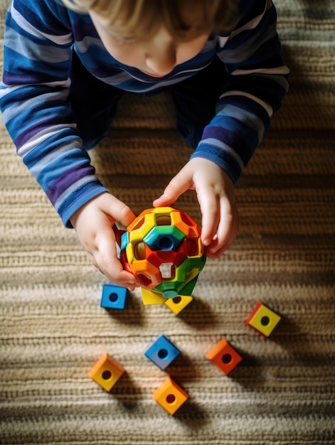 A child is holding a colorful toy ball made of wooden blocks