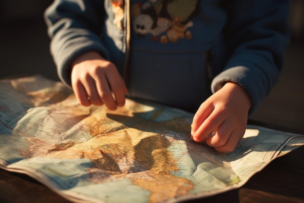 A child is holding a map on a table This image can be used to depict exploration travel education or adventure