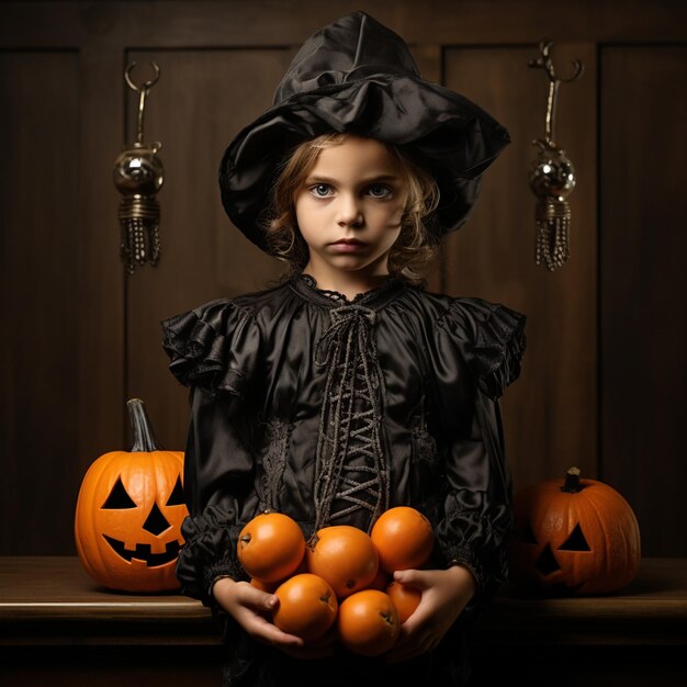 Photo a child is holding a pumpkin that has a pumpkin on it halloween